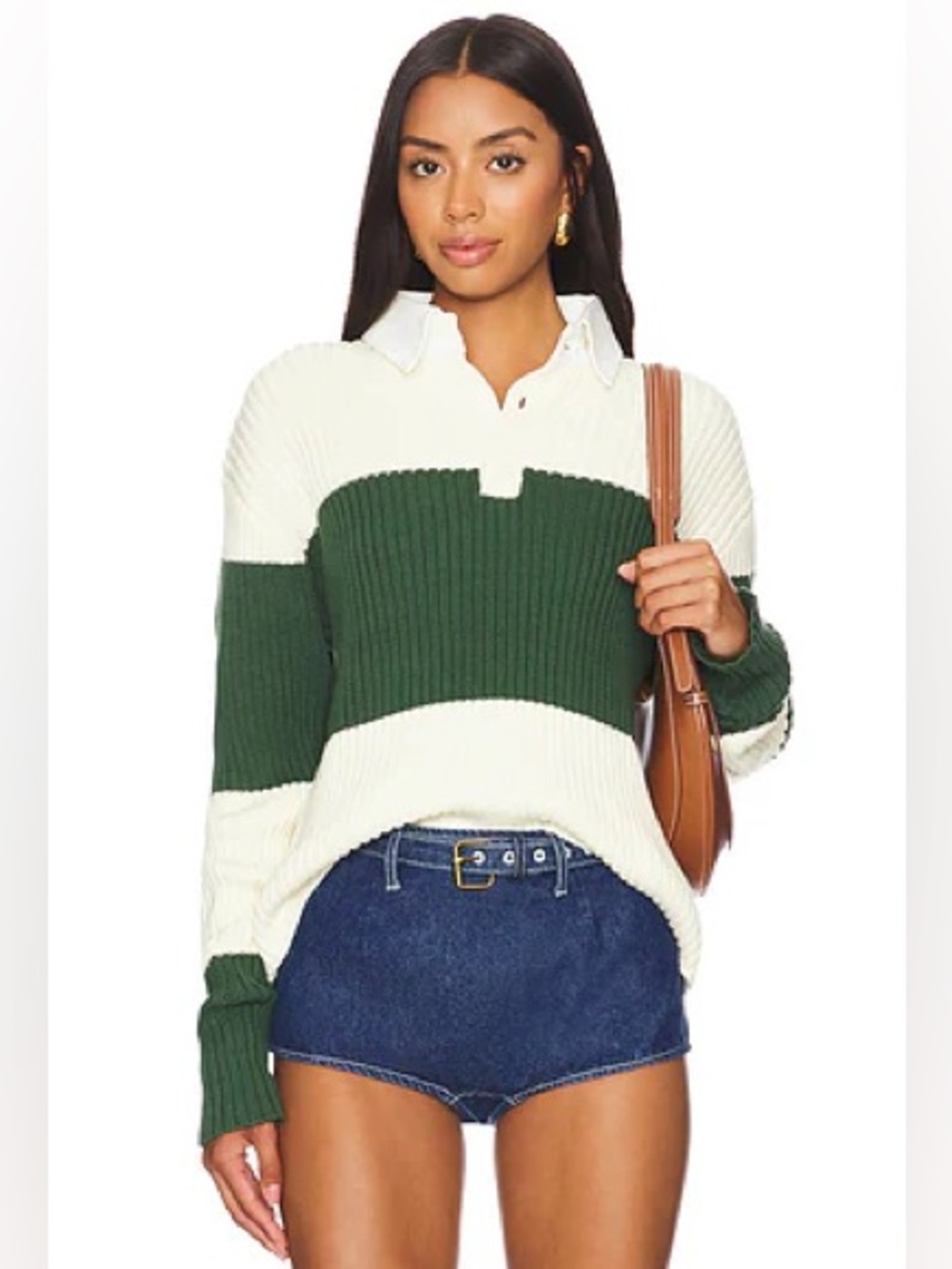 Lioness Prince Rugby Sweater Top in Moss Stripe Green White Collared XS - Picture 10 of 10